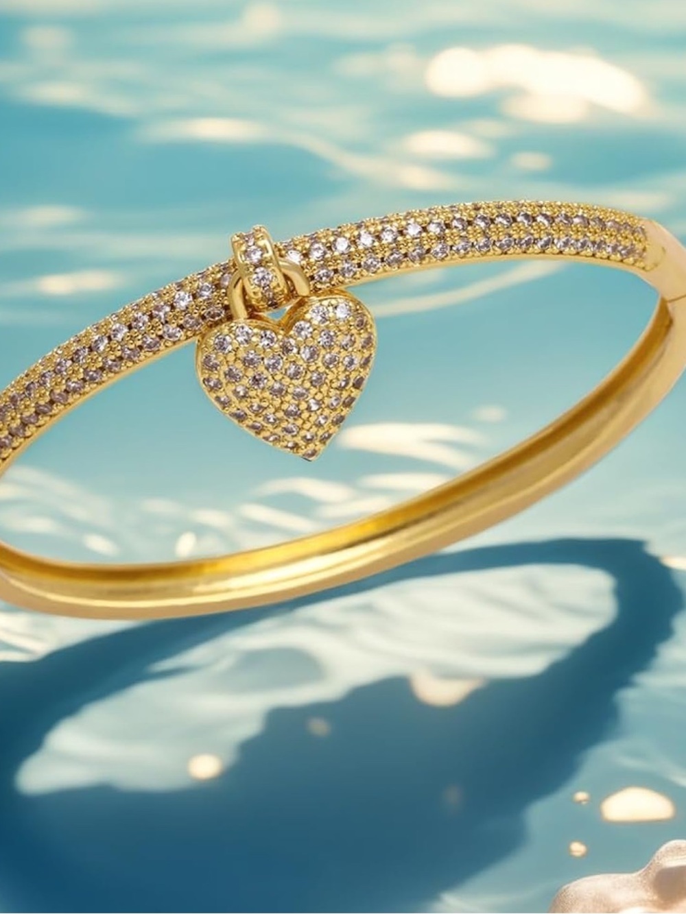 Gold Crystal Heart Charm Bangle Bracelet | Luxury Inspired - Picture 5 of 5